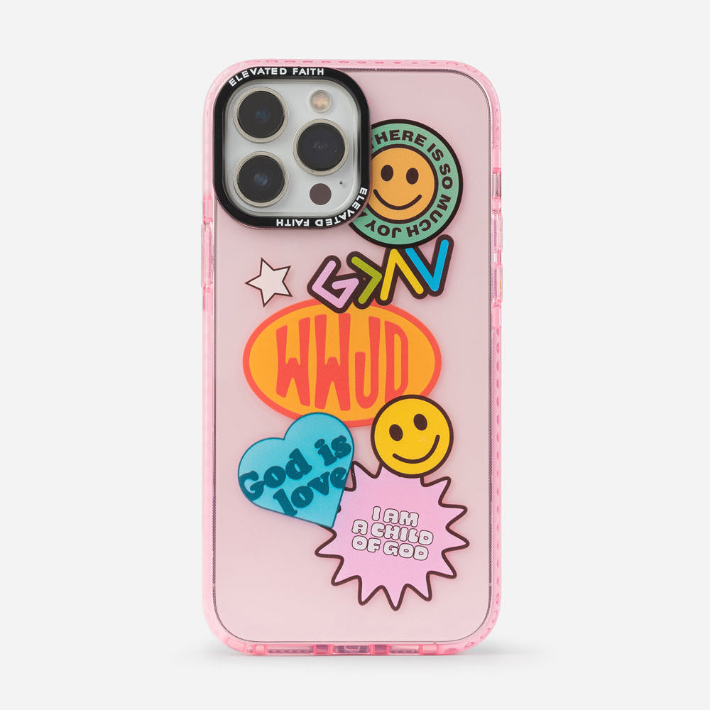 Pink phone case with colorful stickers and text on a white background