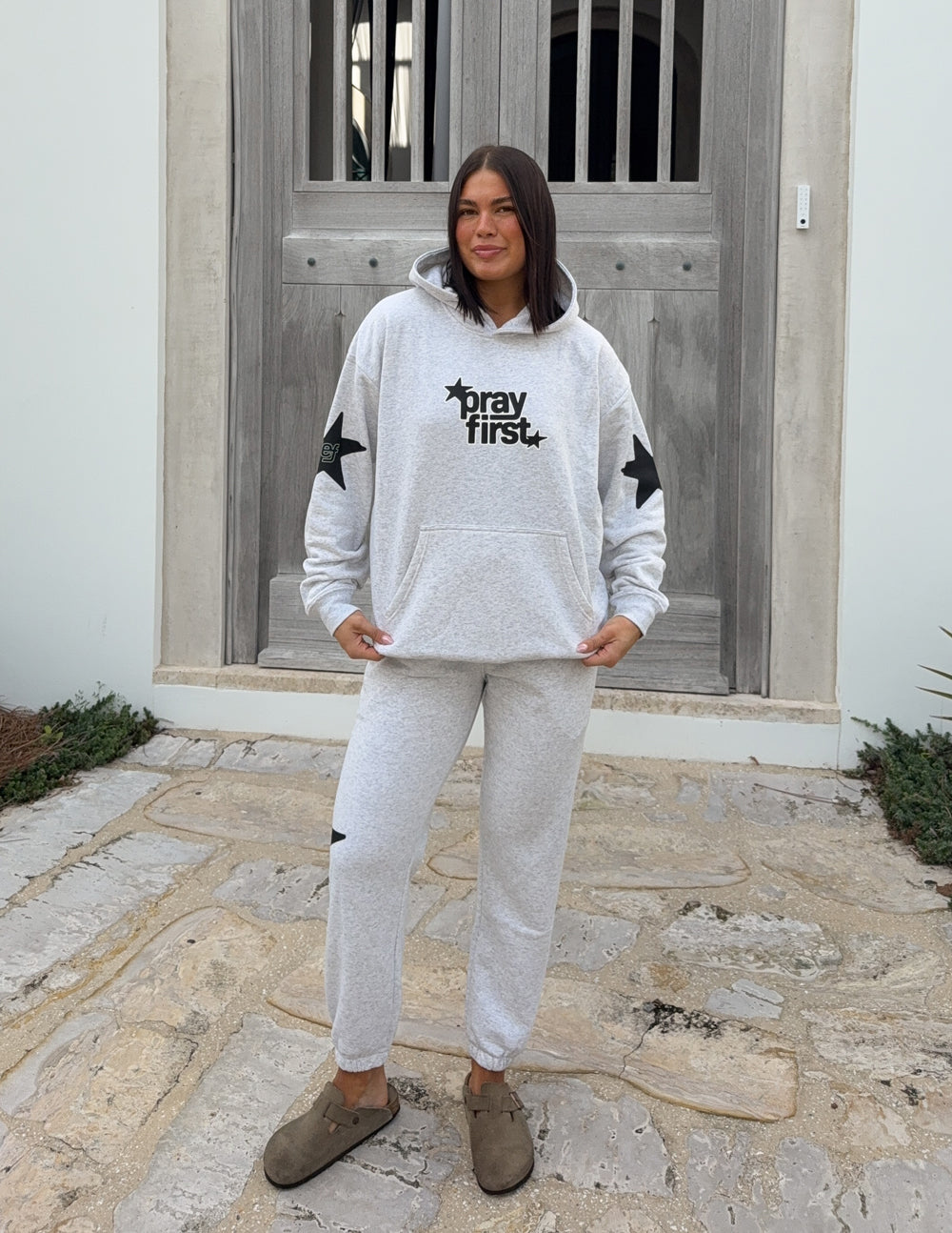 Pray First Heather Grey Unisex Hoodie