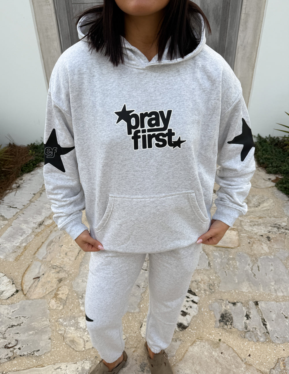 Pray First Heather Grey Unisex Hoodie