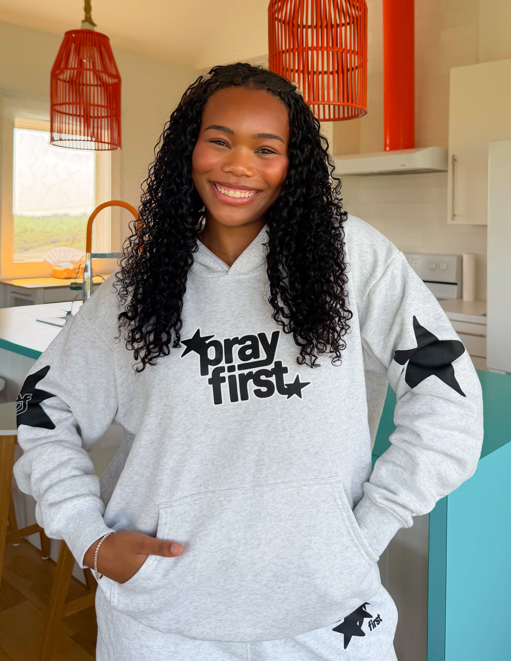 Pray First Heather Grey Unisex Hoodie
