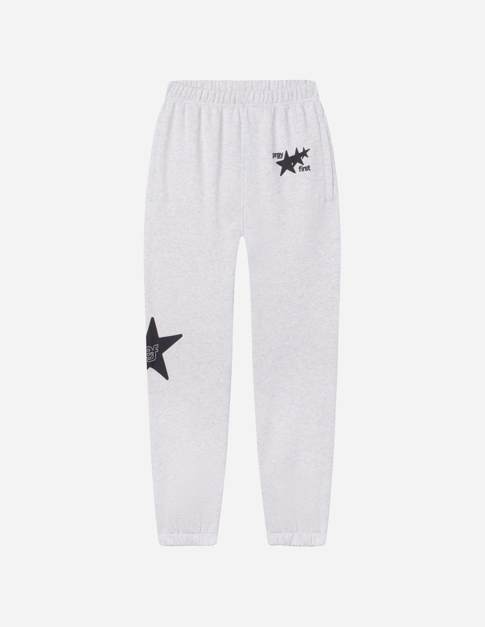 Front view of Heather Grey Pray First sweatpants showing the elastic waistband, black graphics, and cuffed ankles.
