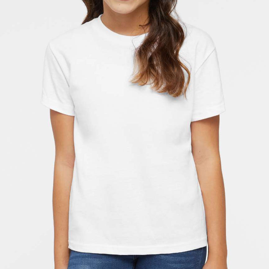 Young girl wearing a plain white t-shirt against a white background