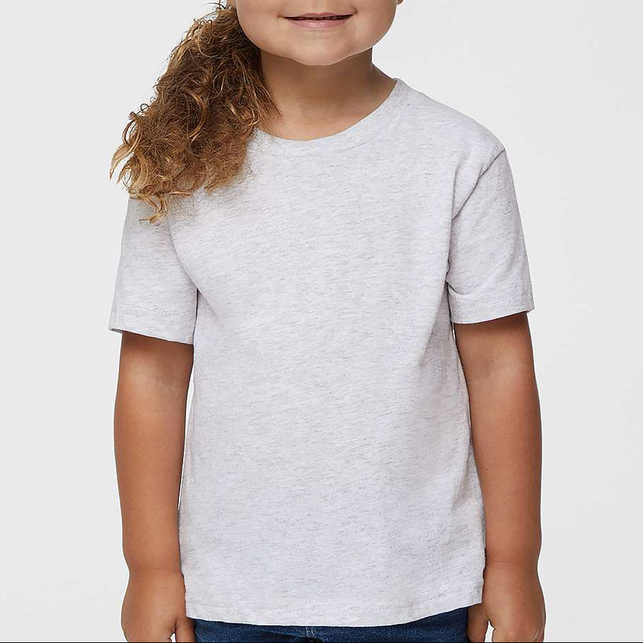 Young girl wearing a light gray t-shirt against a white background