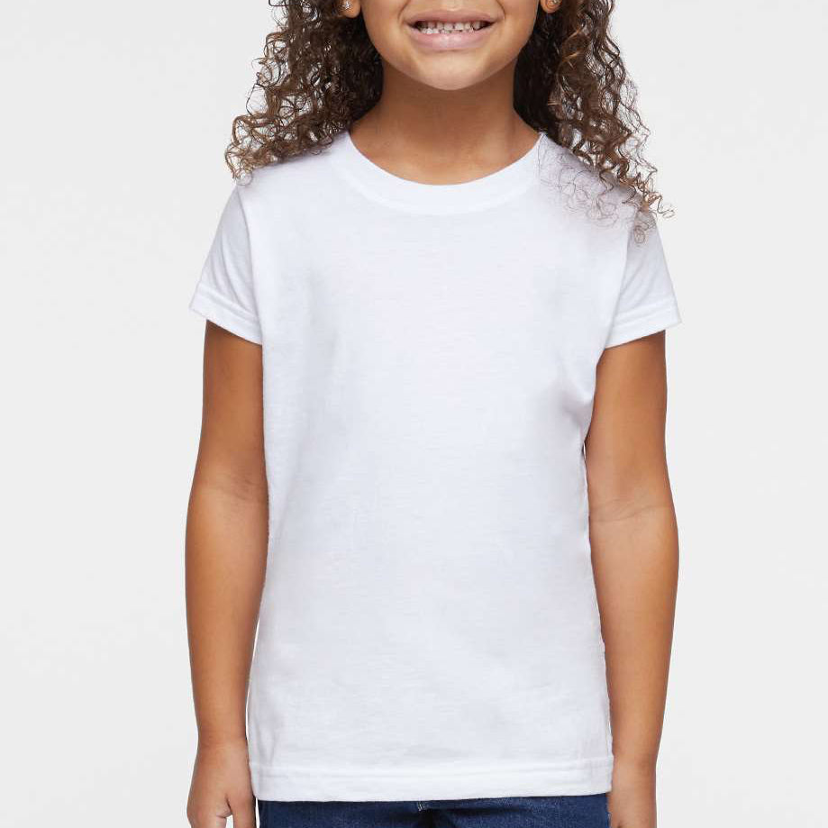 Young girl wearing a plain white t-shirt against a white background