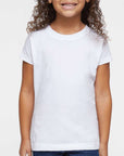 Young girl wearing a plain white t-shirt against a white background