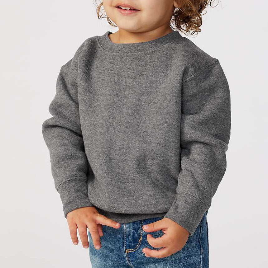 Toddler wearing a gray Rabbit Skins 3317 fleece crewneck sweatshirt made from a soft cotton blend, shown from the waist up against a neutral background.