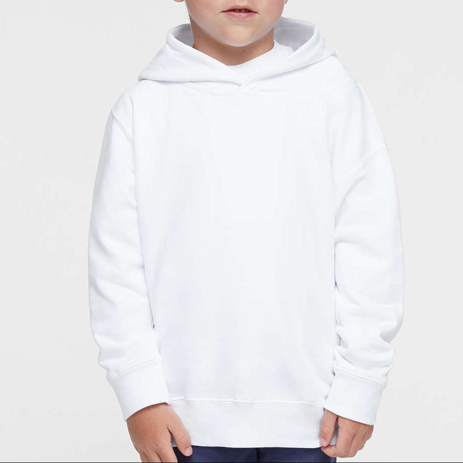 Young boy wearing a white hoodie against a plain background