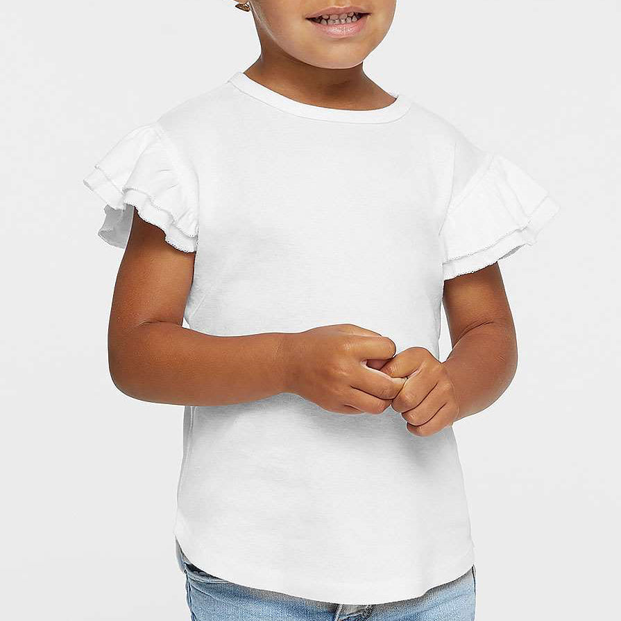 Child wearing a white t-shirt with ruffled sleeves on a plain background