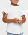 Child wearing a white t-shirt with ruffled sleeves on a plain background