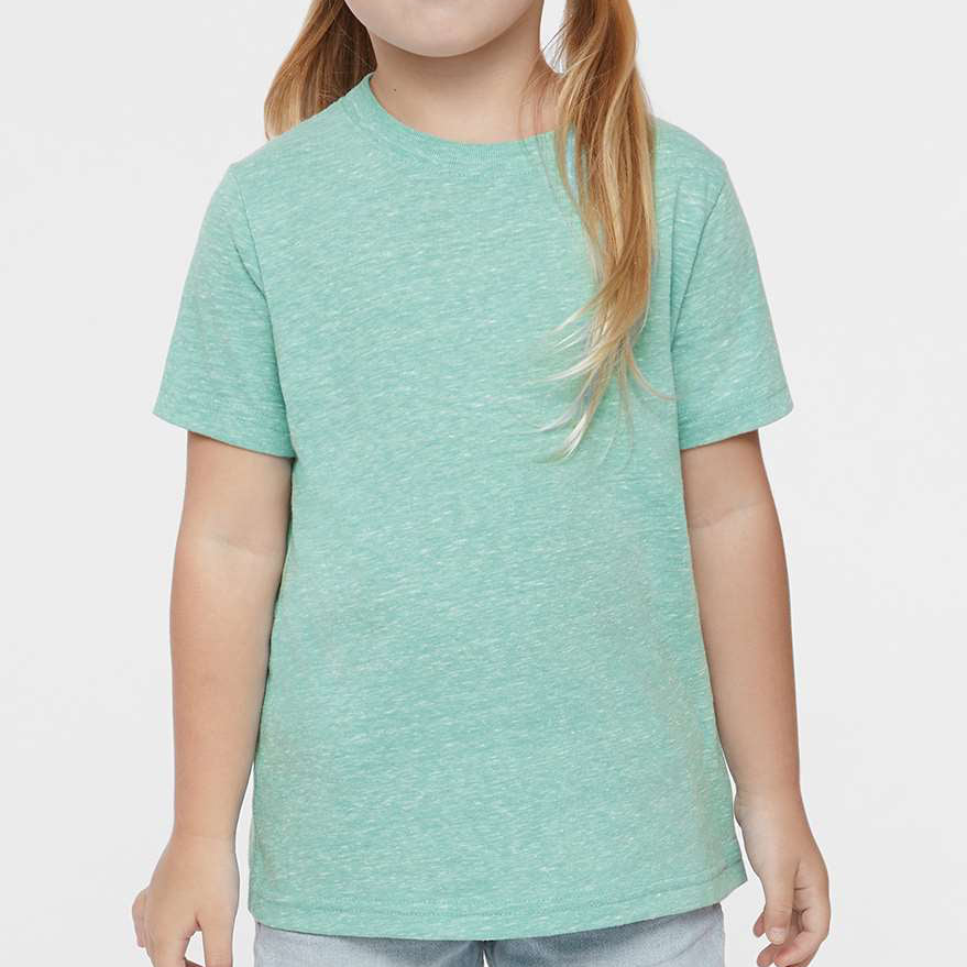 Young girl wearing a light green t-shirt on a white background