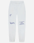 White sweatpants with blue embroidery on a white background