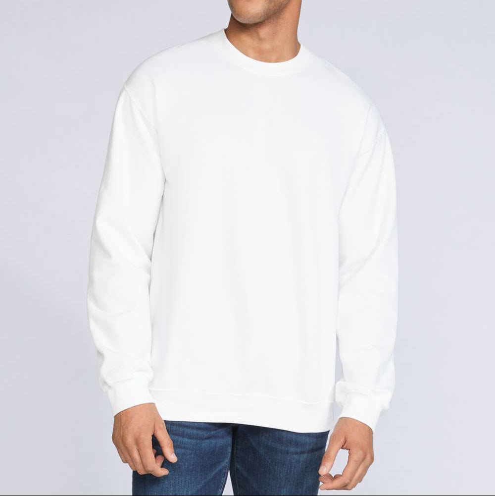 Man wearing a white Gildan Softstyle Lightweight Fleece Crewneck sweatshirt with a clean, minimal fit — ideal for custom printing and cozy studio wear by Lumiere Vive.