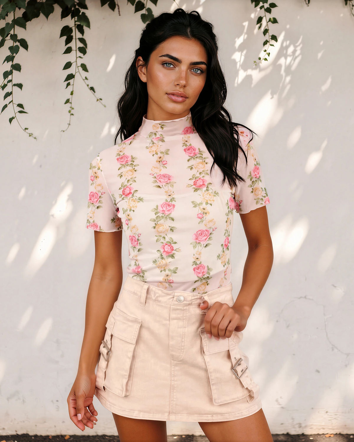 Front view of the Millie short sleeve mesh top with a pink floral print, styled with pale pink shorts.