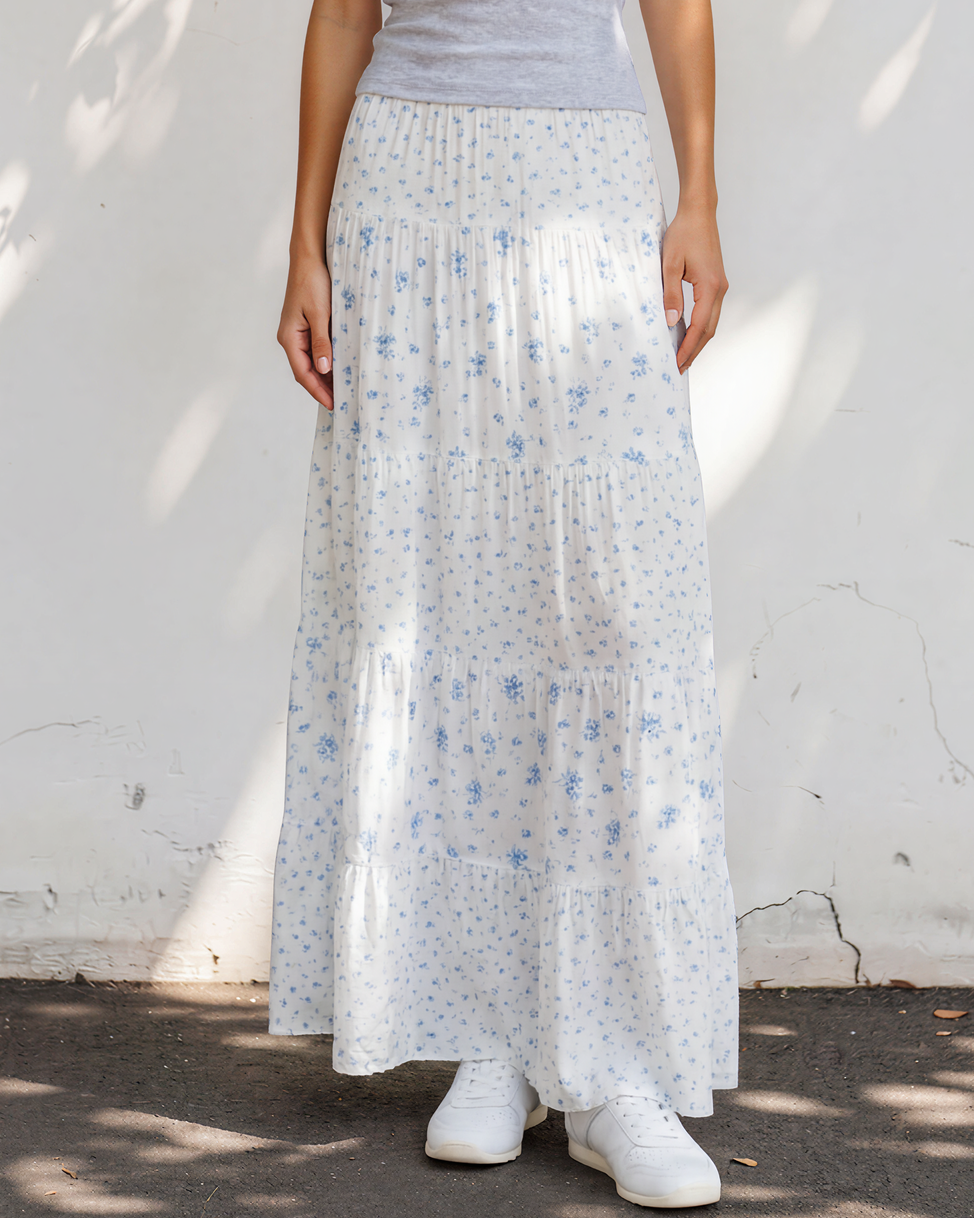 Close-up of Hadley maxi skirt with mixed floral prints and tiered detailing