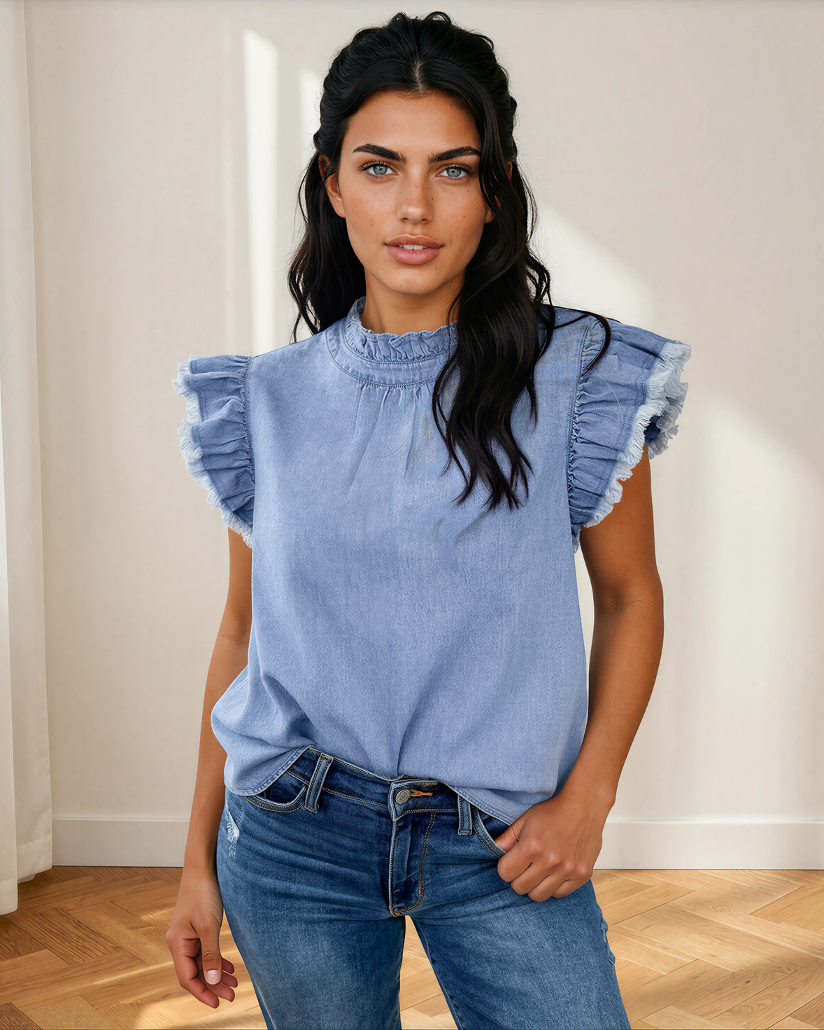Model wearing the solid blue Logan Flutter Sleeve Denim Top with jeans
