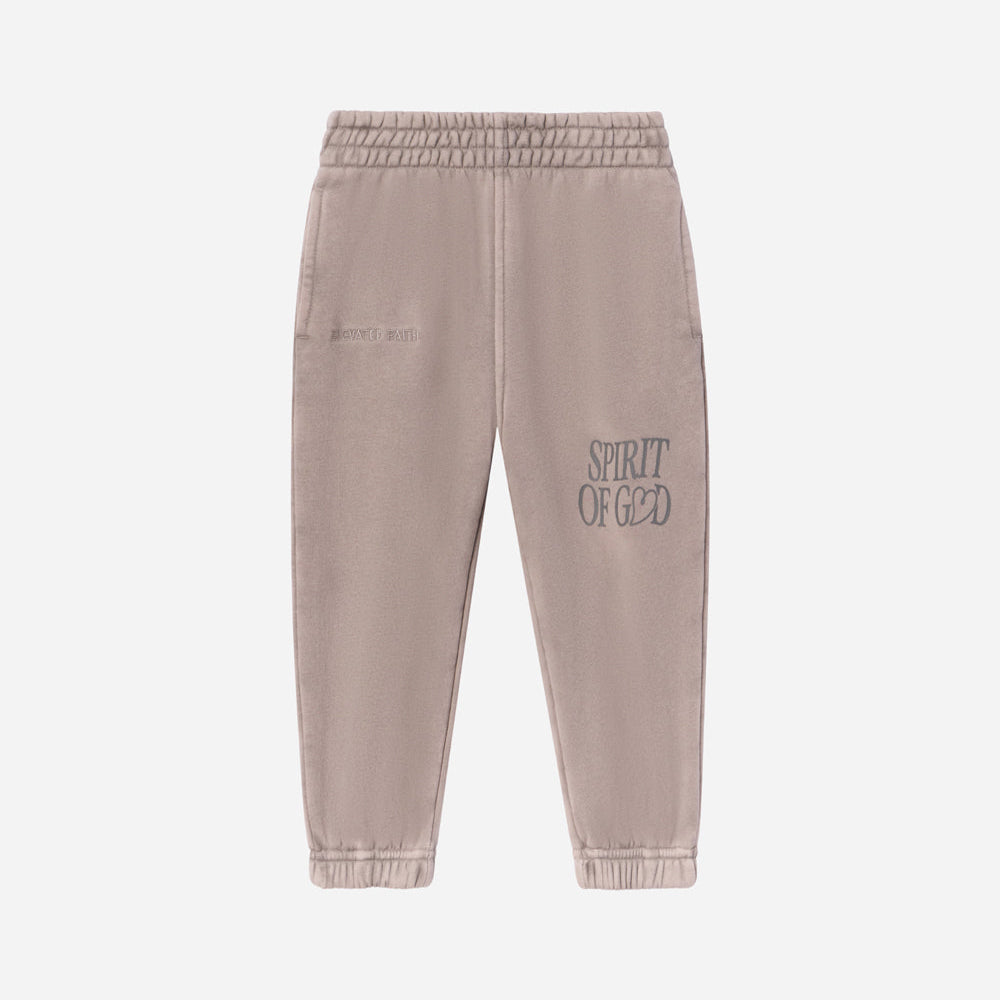 Beige sweatpants with 'Sprit of God' text on a white background