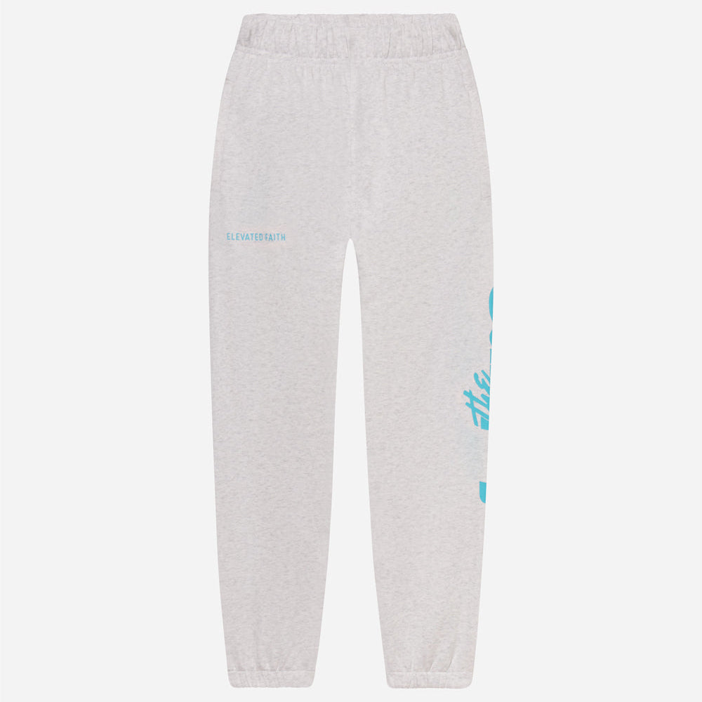 Gray sweatpants with blue text on a white background