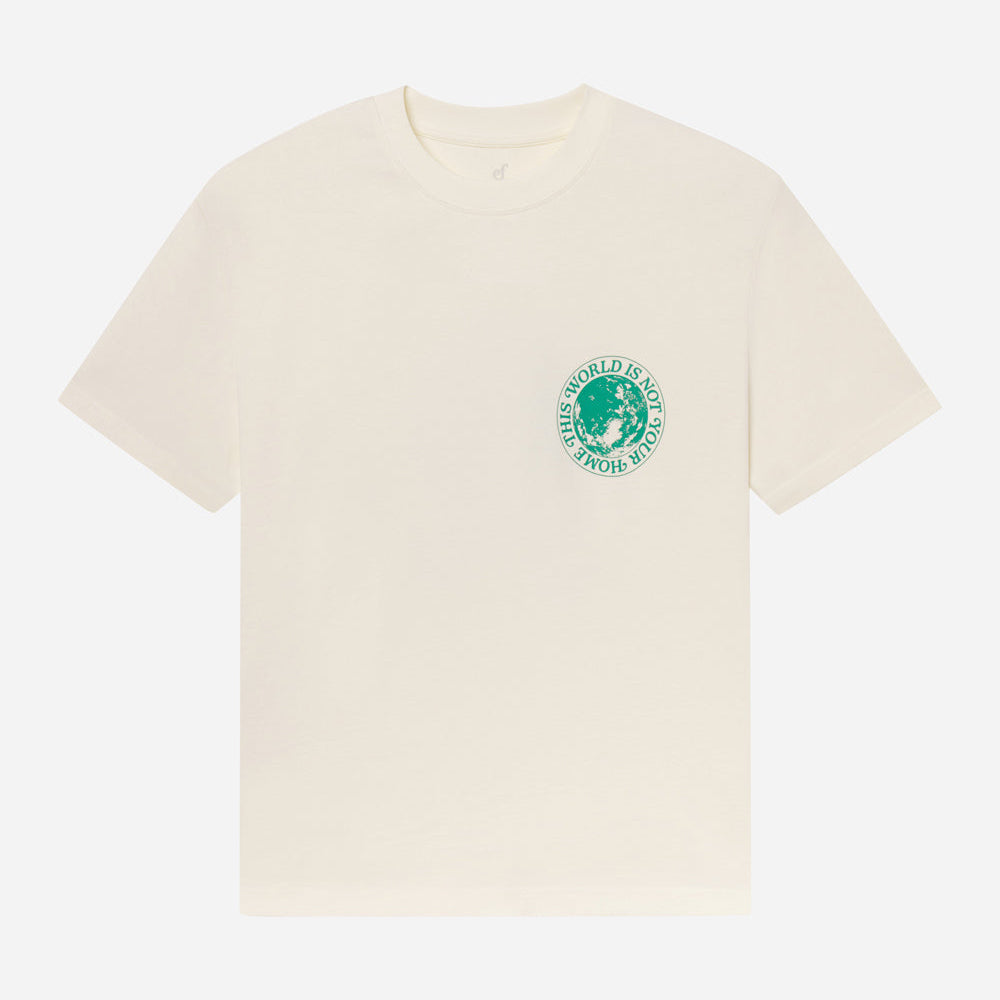 Beige t-shirt with a green logo on a white background