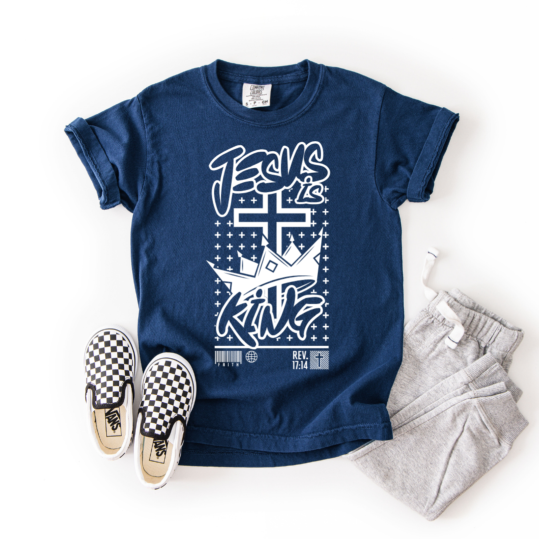 Jesus Is King – Youth Christian T-Shirt with Crown &amp; Cross