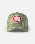 Camouflage WWJD baseball cap with a curved brim and red-and-white front design