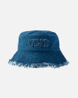 Indigo WWJD denim bucket hat with appliqué lettering and frayed brim