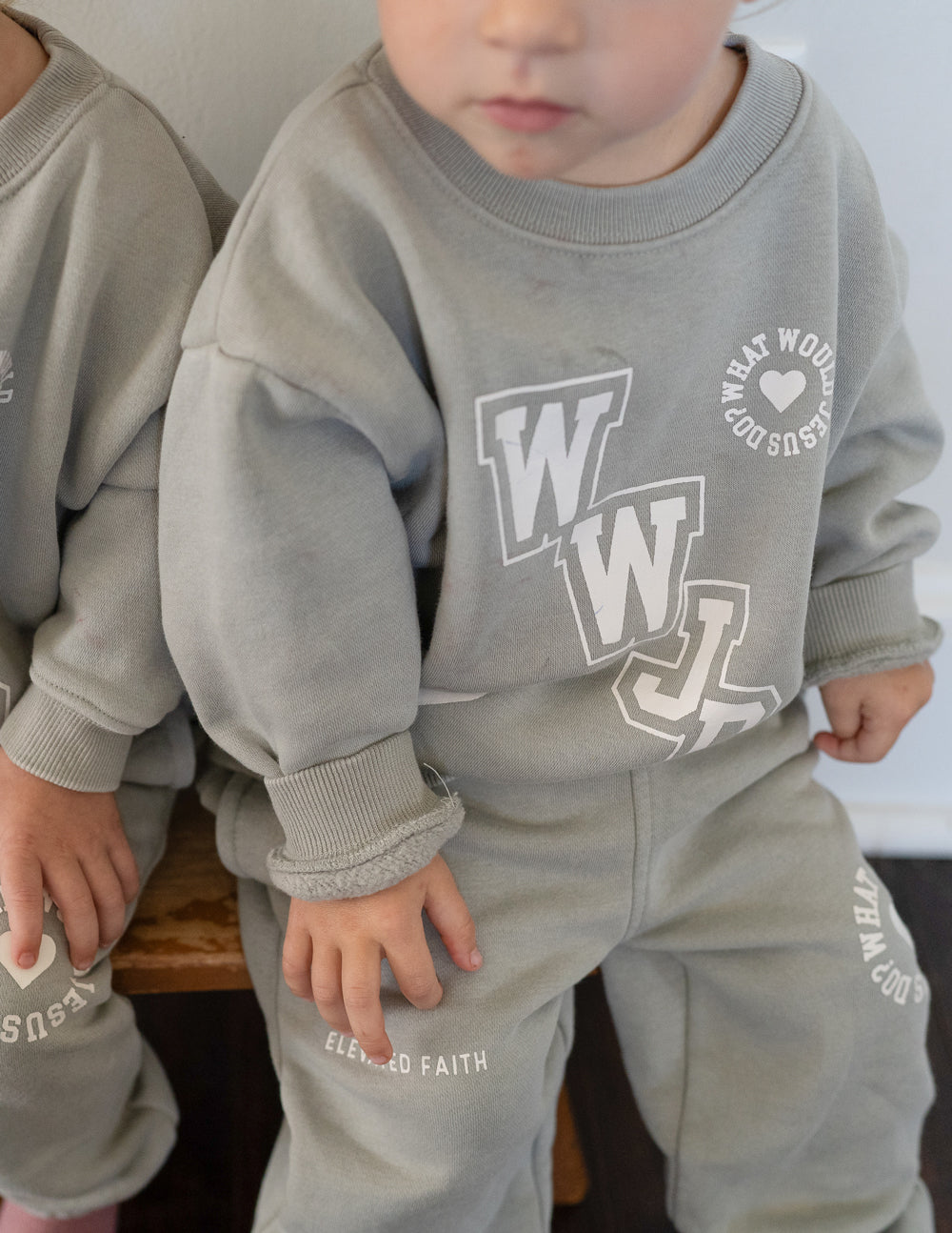 WWJD Varsity Kids’ Crewneck Sweatshirt – Forest Fog