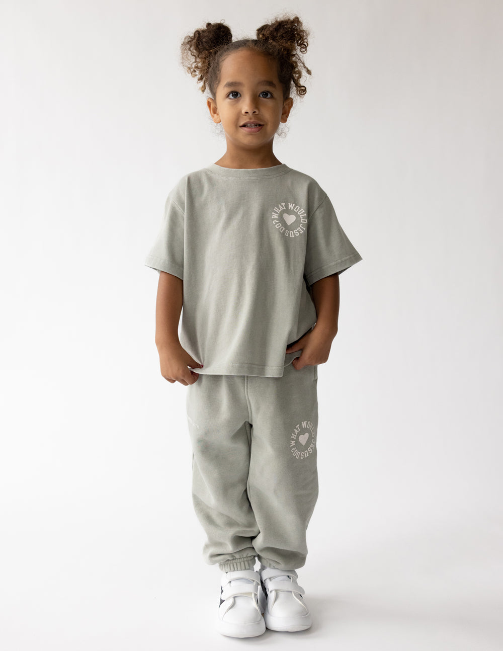 Child modeling Forest Fog WWJD oversized T-shirt