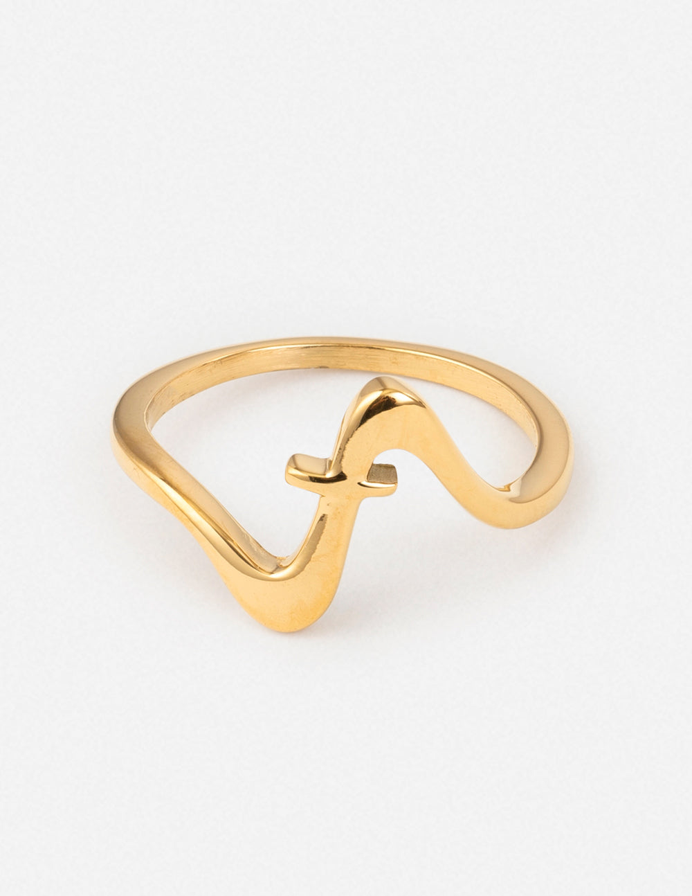 Gold-tone Wavy Cross Ring with a flowing wave-shaped band and small cross detail on a white background