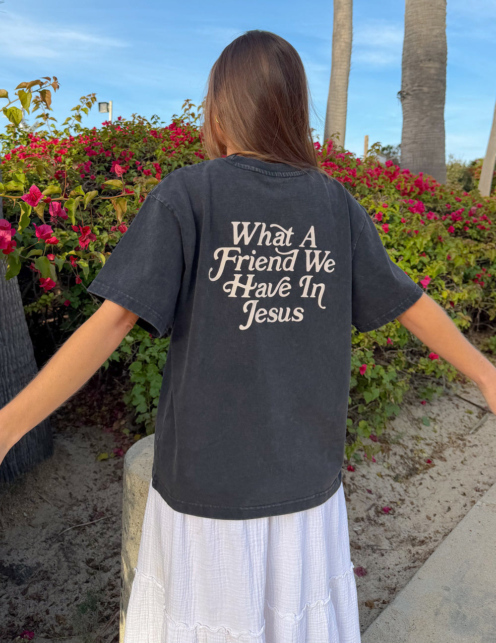 Black What a Friend in Jesus heavyweight tee styled with white shorts