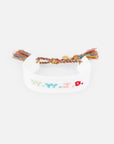 Cloud White WWJD woven bracelet with colorful embroidered lettering and multicolored braided tassel ties