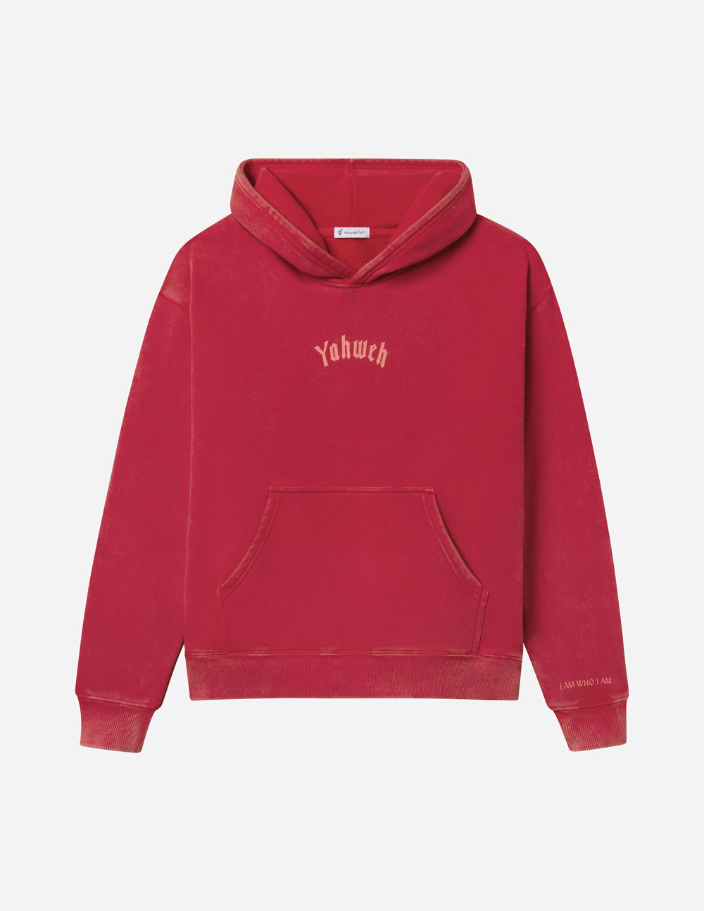 Front product view of Yahweh Ribbon Red Hoodie with small chest lettering and a pouch pocket