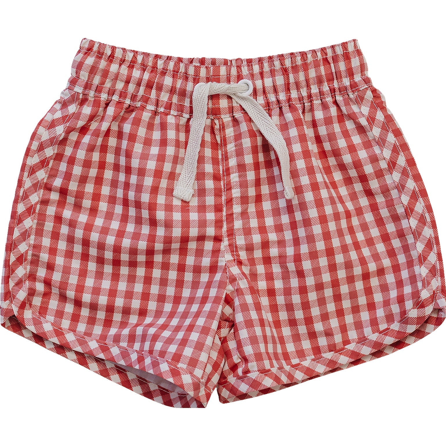 Red and white checkered shorts with a drawstring on a white background
