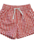 Red and white checkered shorts with a drawstring on a white background