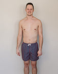 Man wearing patterned swim shorts against a plain background