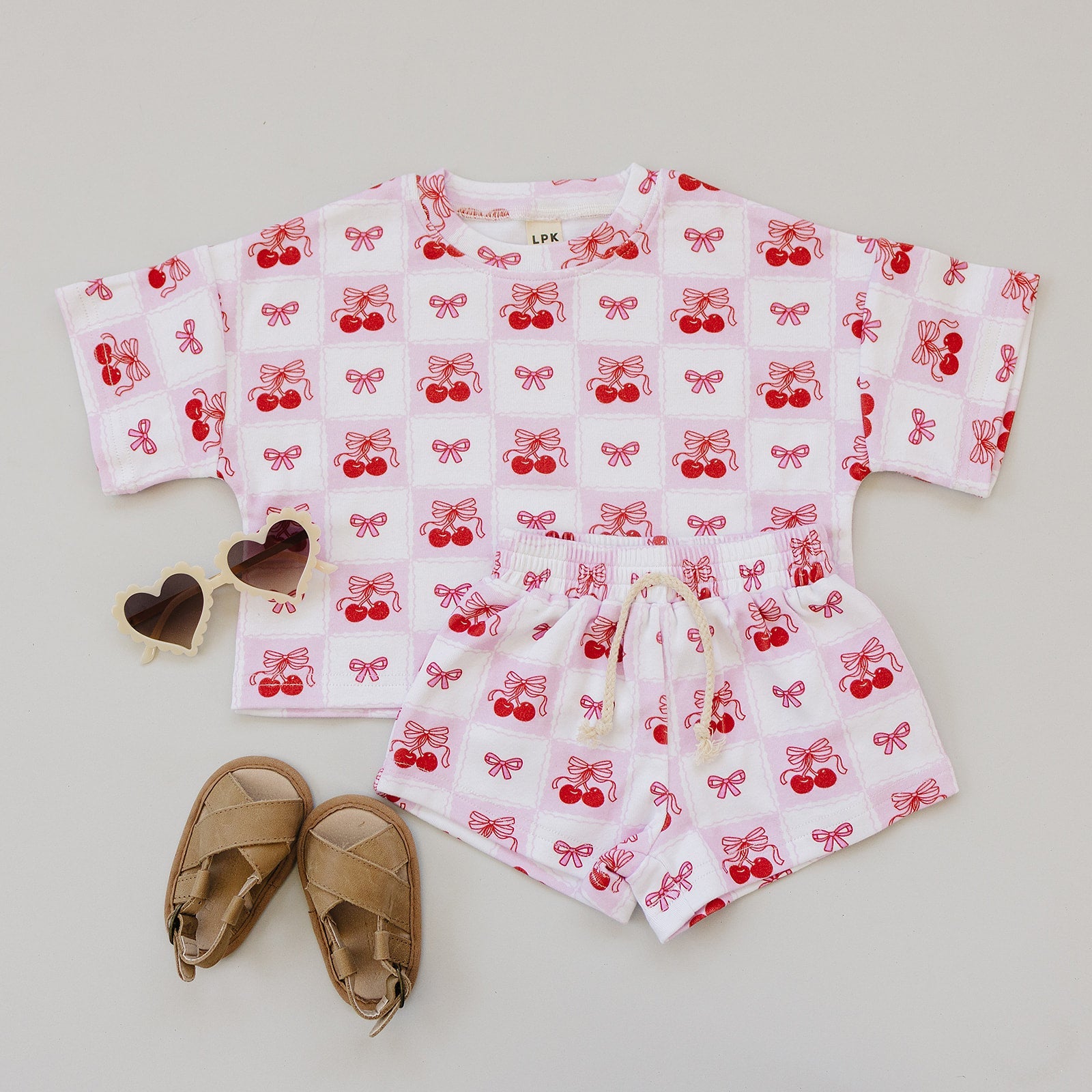 Checkered Cherry Kids Shorts Set Cotton Two Piece Outfit