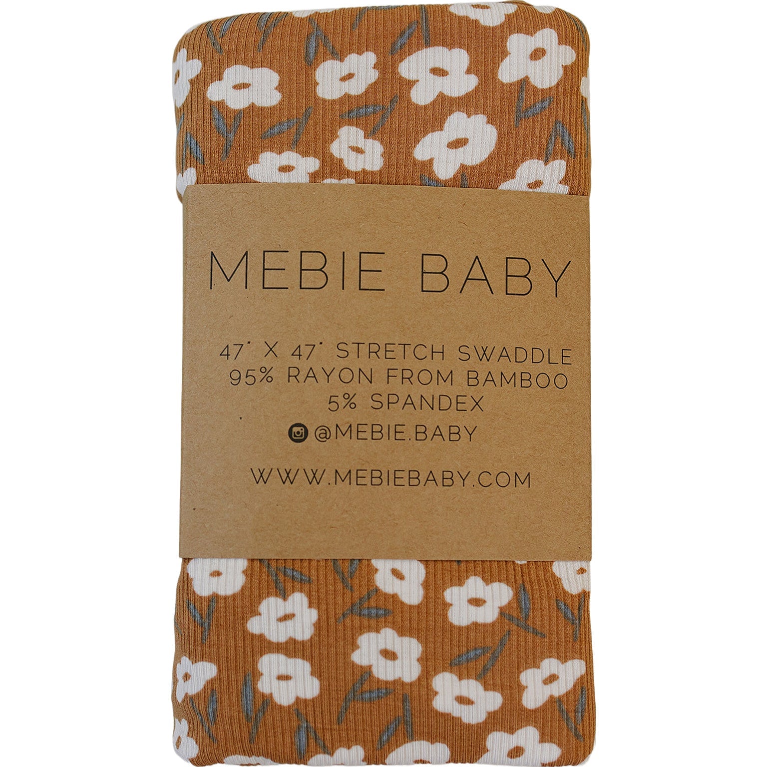 Mebie Baby swaddle with floral pattern on a brown label
