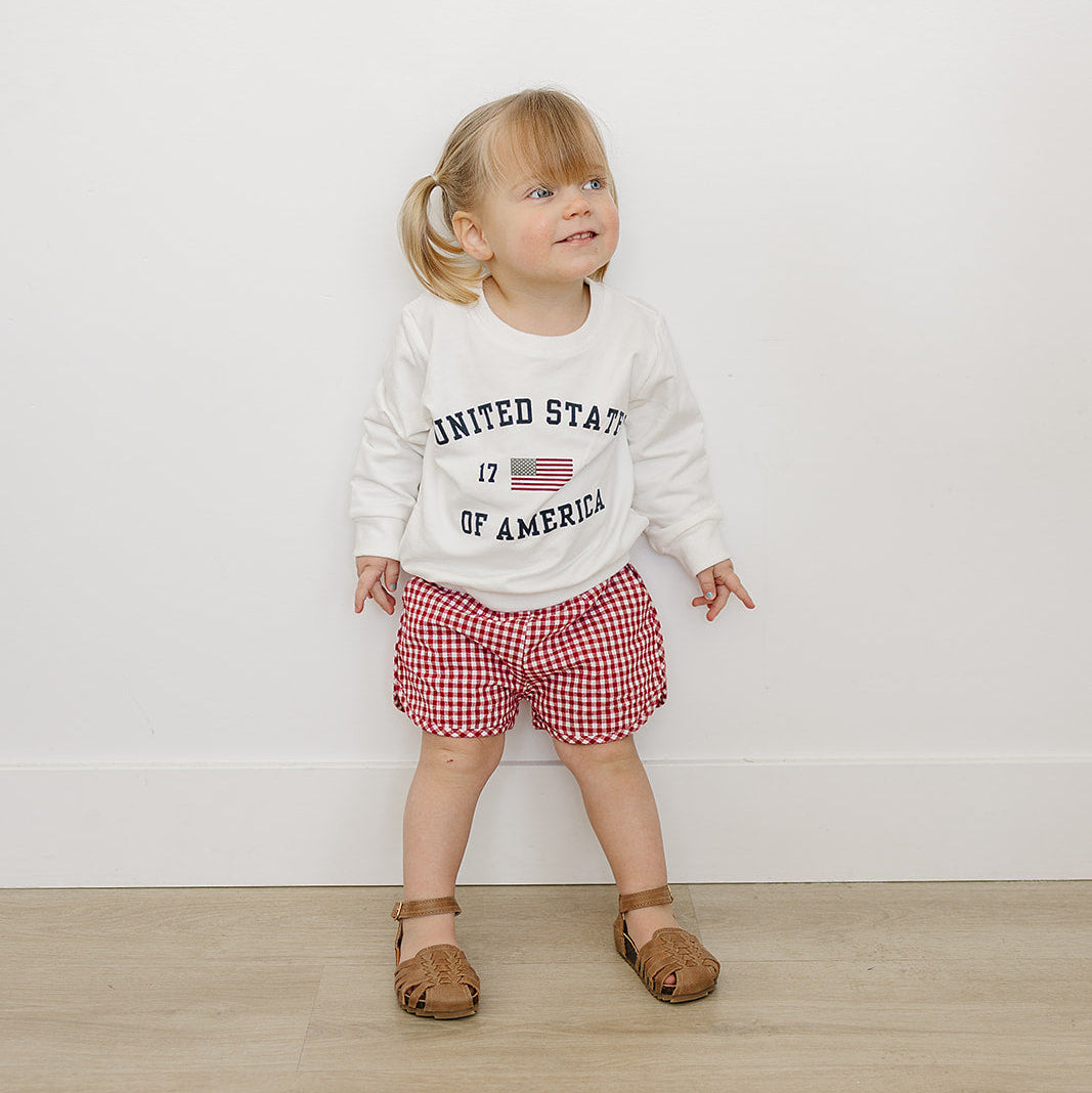 Child wearing a 'United States of America' sweatshirt and red checkered shorts on a white background