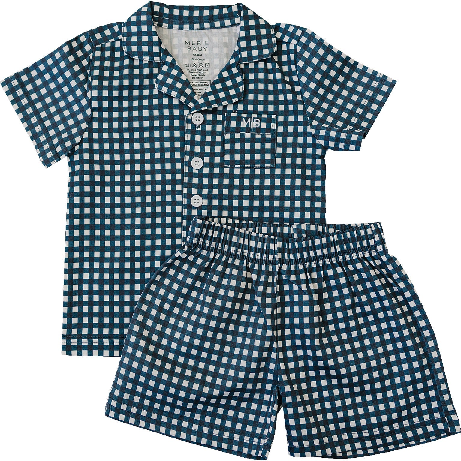 Children's blue and white checkered shirt and shorts set on a white background