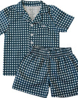 Children's blue and white checkered shirt and shorts set on a white background