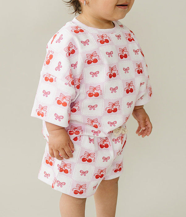 Checkered Cherry Kids Shorts Set Cotton Two Piece Outfit