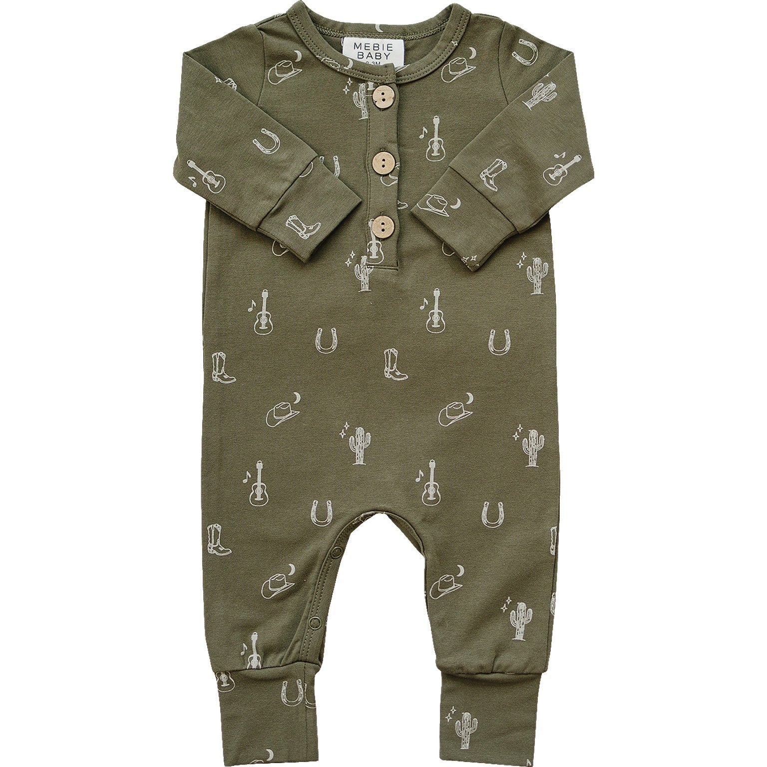 Green baby romper with patterns on a white background