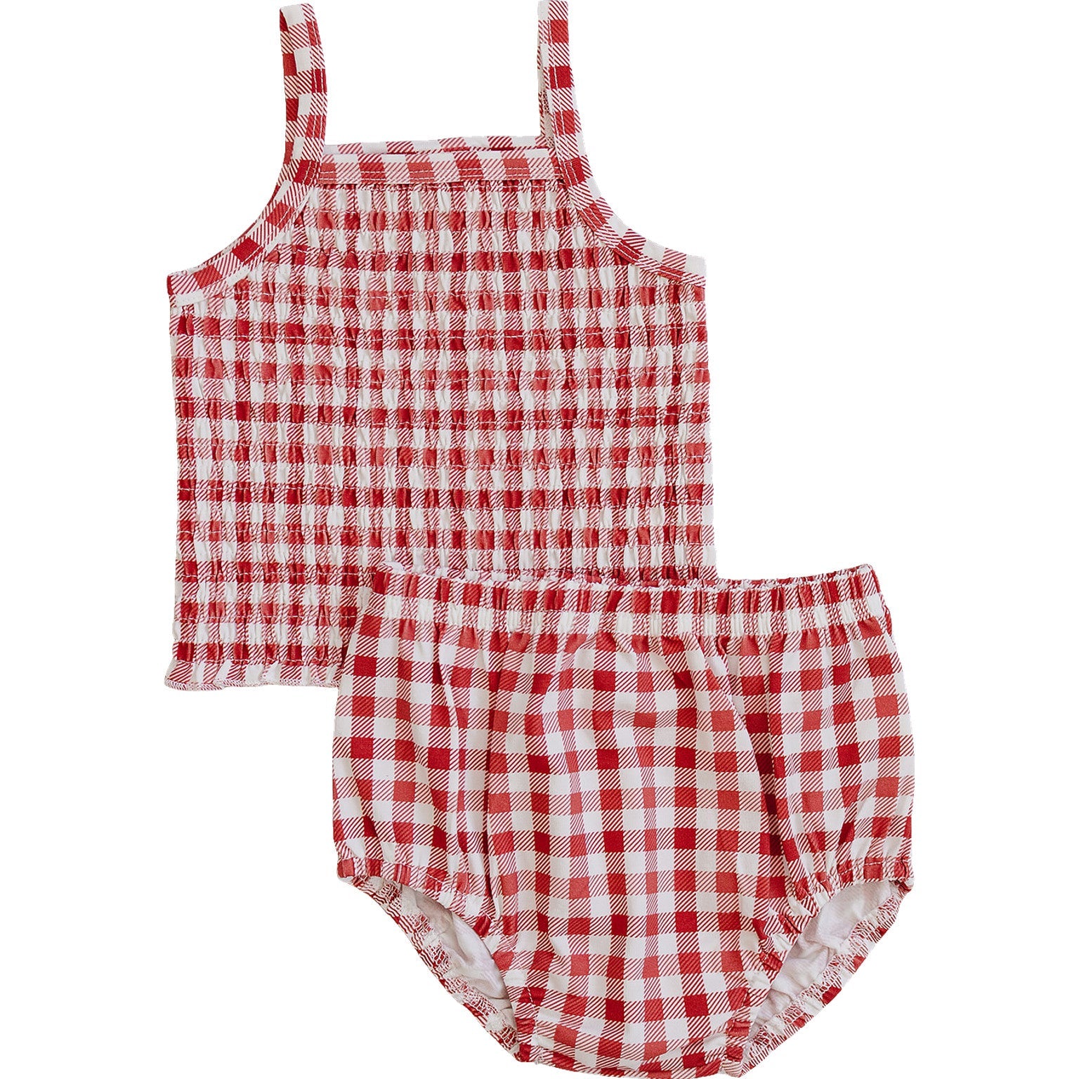 Red and white checkered baby outfit with top and bloomers on a white background