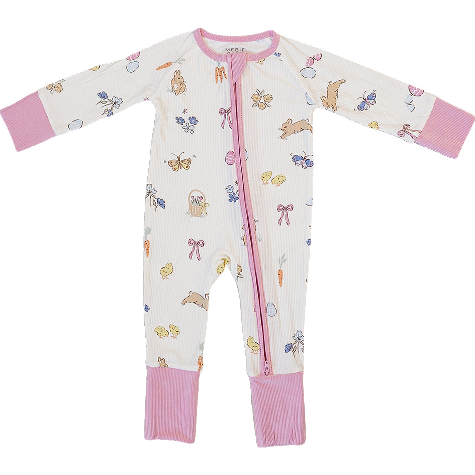 Baby onesie with animal prints and pink accents on a white background