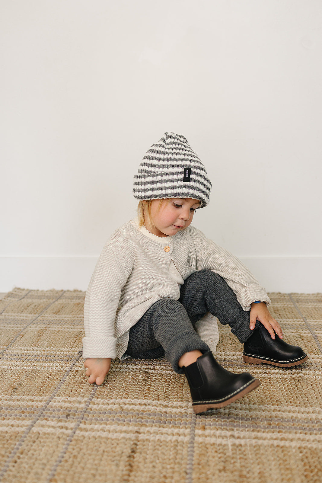 Grey &amp; White Stripe Chunky Knit Beanie