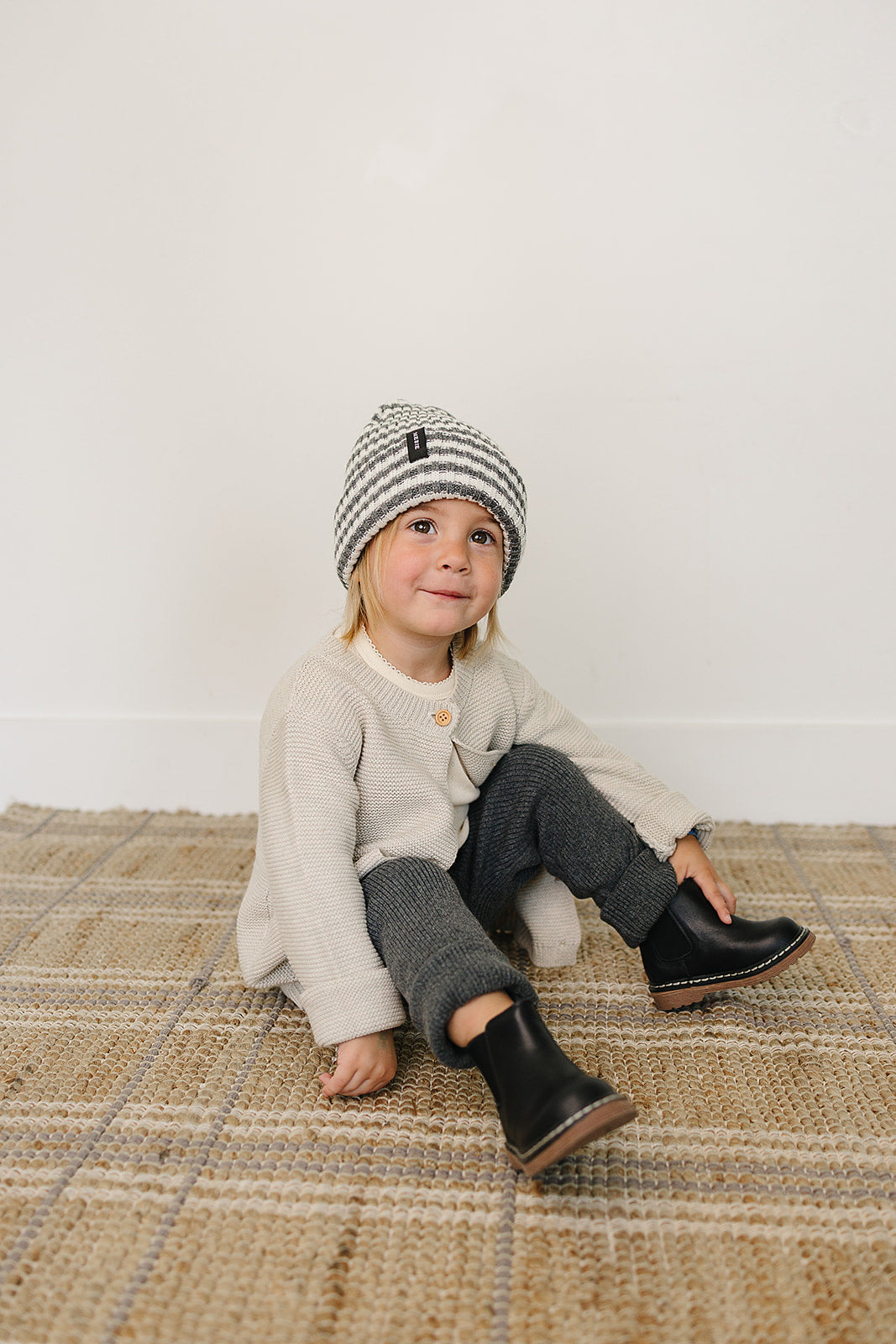 Grey &amp; White Stripe Chunky Knit Beanie