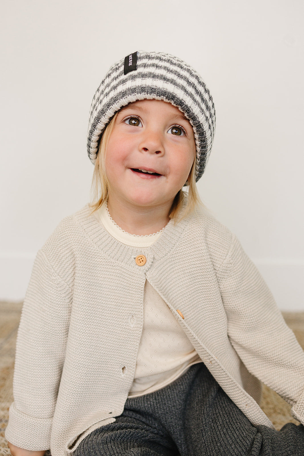 Grey &amp; White Stripe Chunky Knit Beanie
