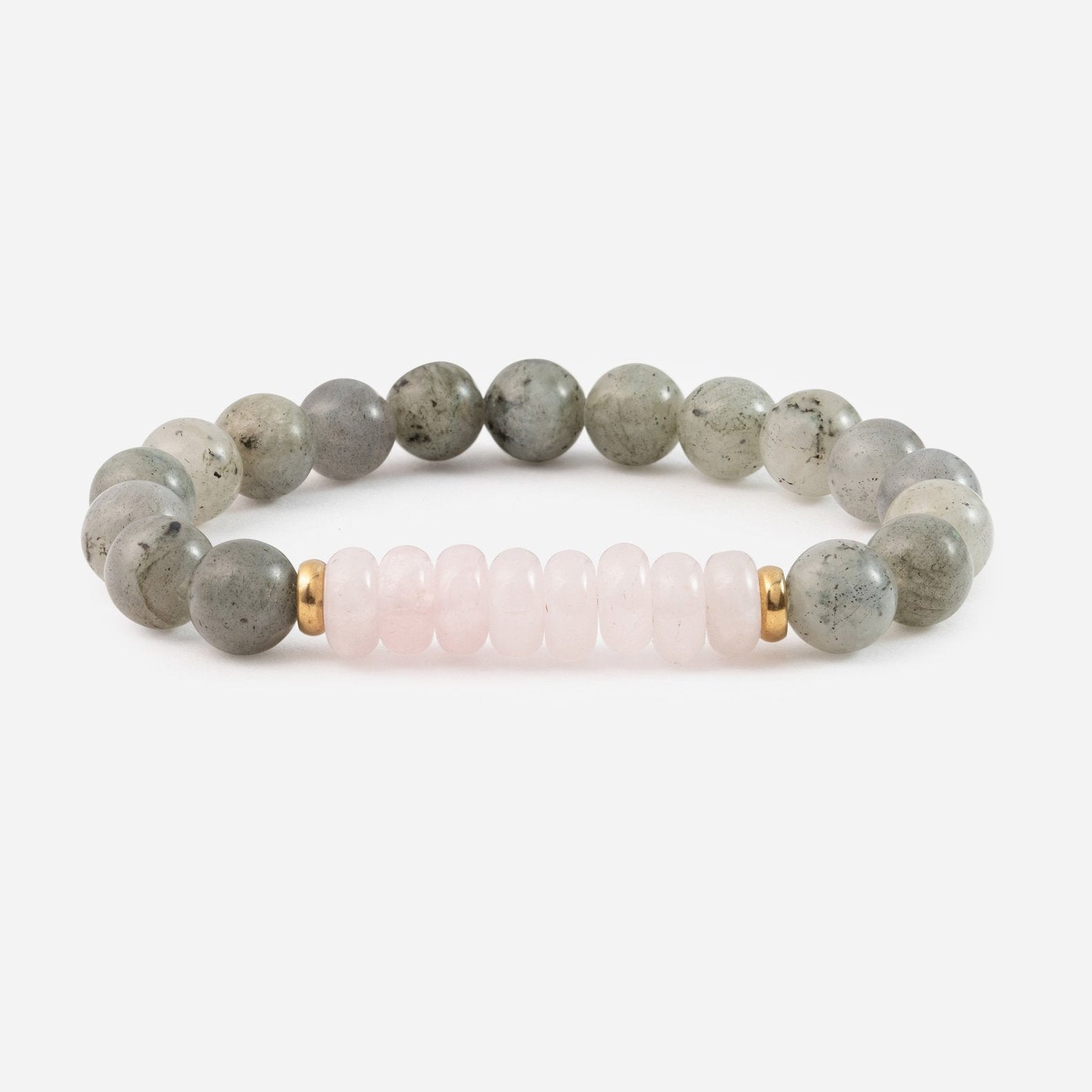 Bracelet with gray and pink beads on a white background