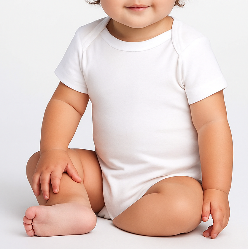 Baby girl modeling the Bella Canvas 100B infant jersey one piece in a neutral studio setting, front view