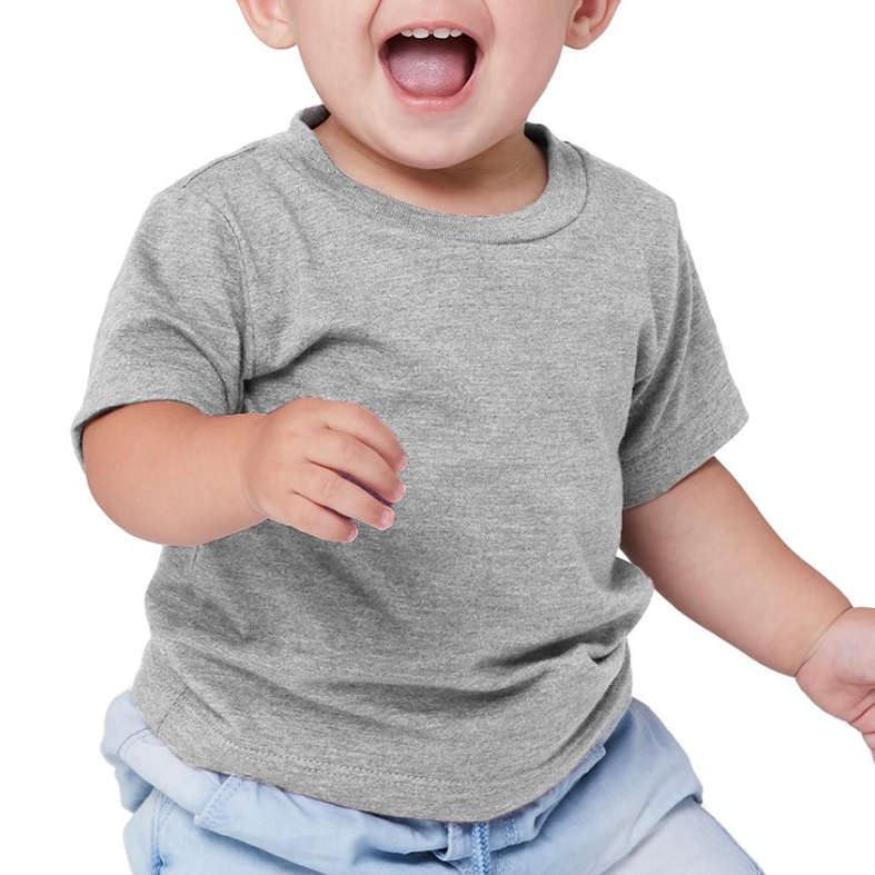 Infant wearing an athletic heather Bella + Canvas 3001B jersey tee, front view, ideal for custom printing