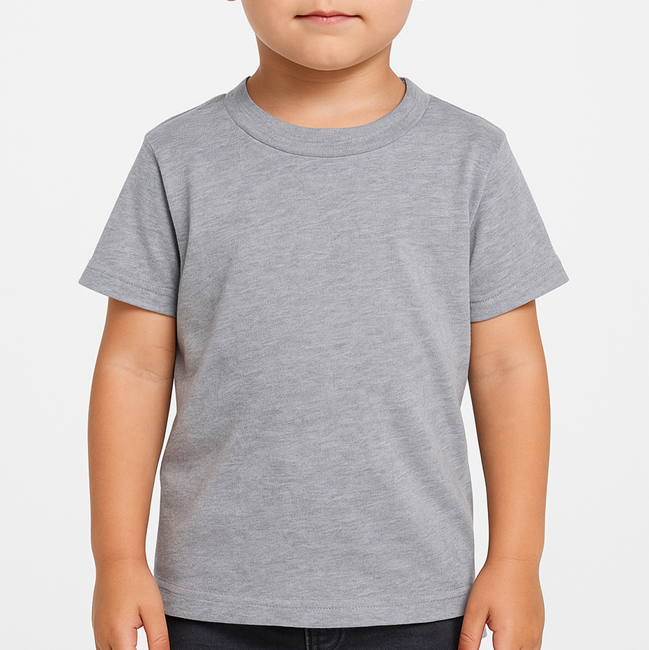 Toddler boy wearing a BELLA CANVAS 3413T triblend tee in athletic grey, front view, modeled in a neutral studio setting